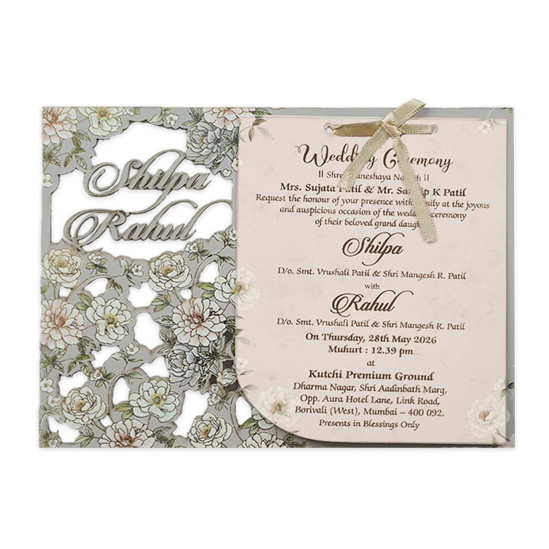 Grey Laser Cut Floral Wedding Card-KRE27280 - Image 3