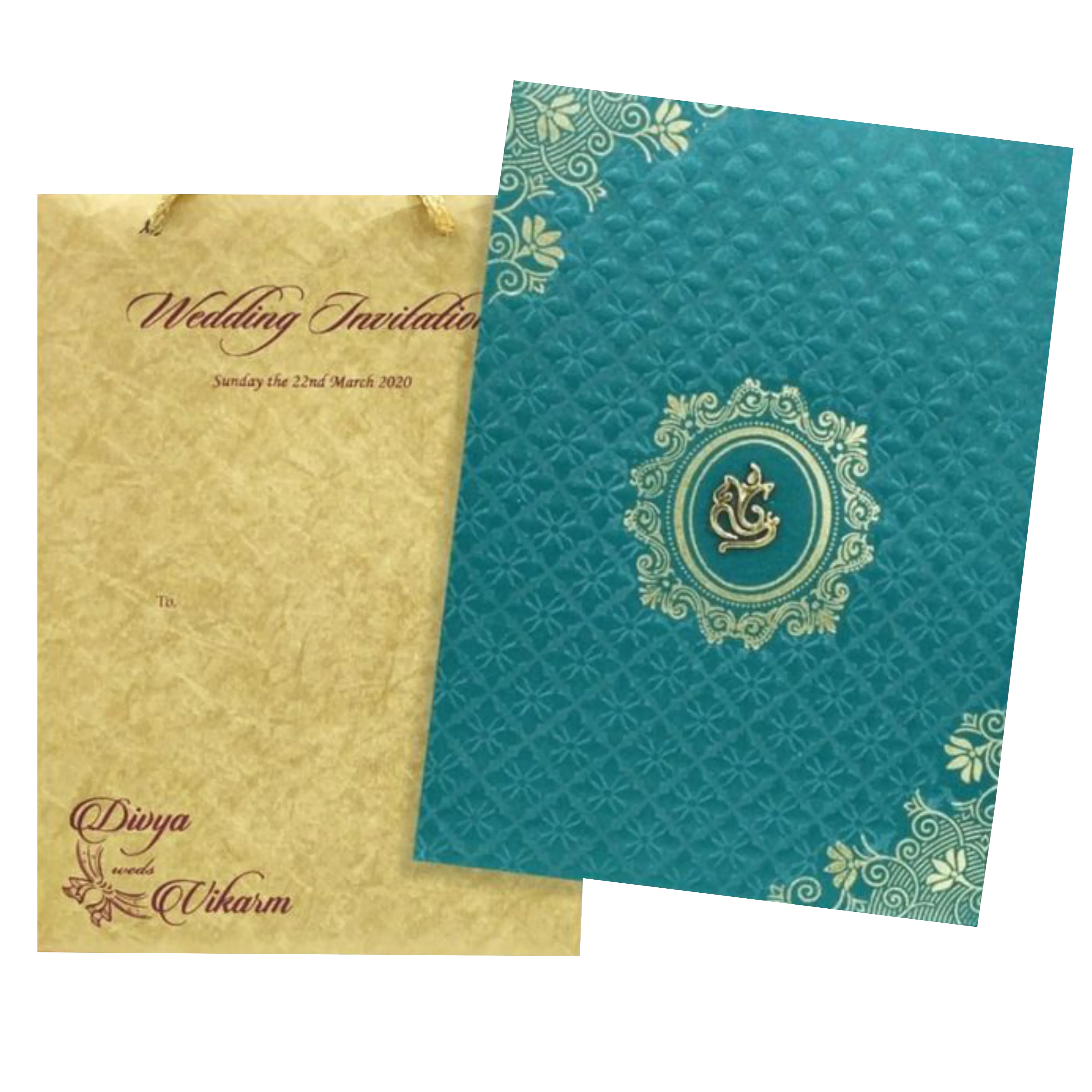 Gracious Gold And Blue Shading With Ganesha Theme Padded Wedding Card-KCCT20GP - Image 2
