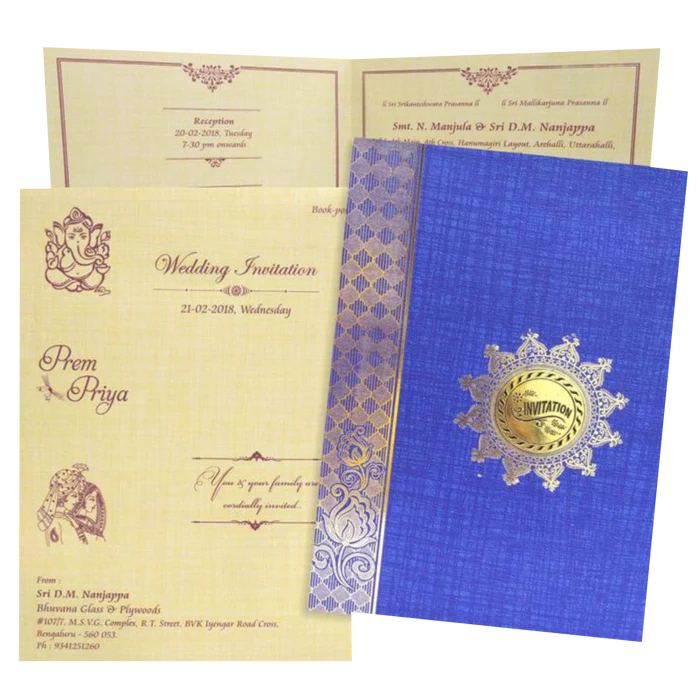 Blue Floral Border Gold Foil Invitation Card-Kncm803b