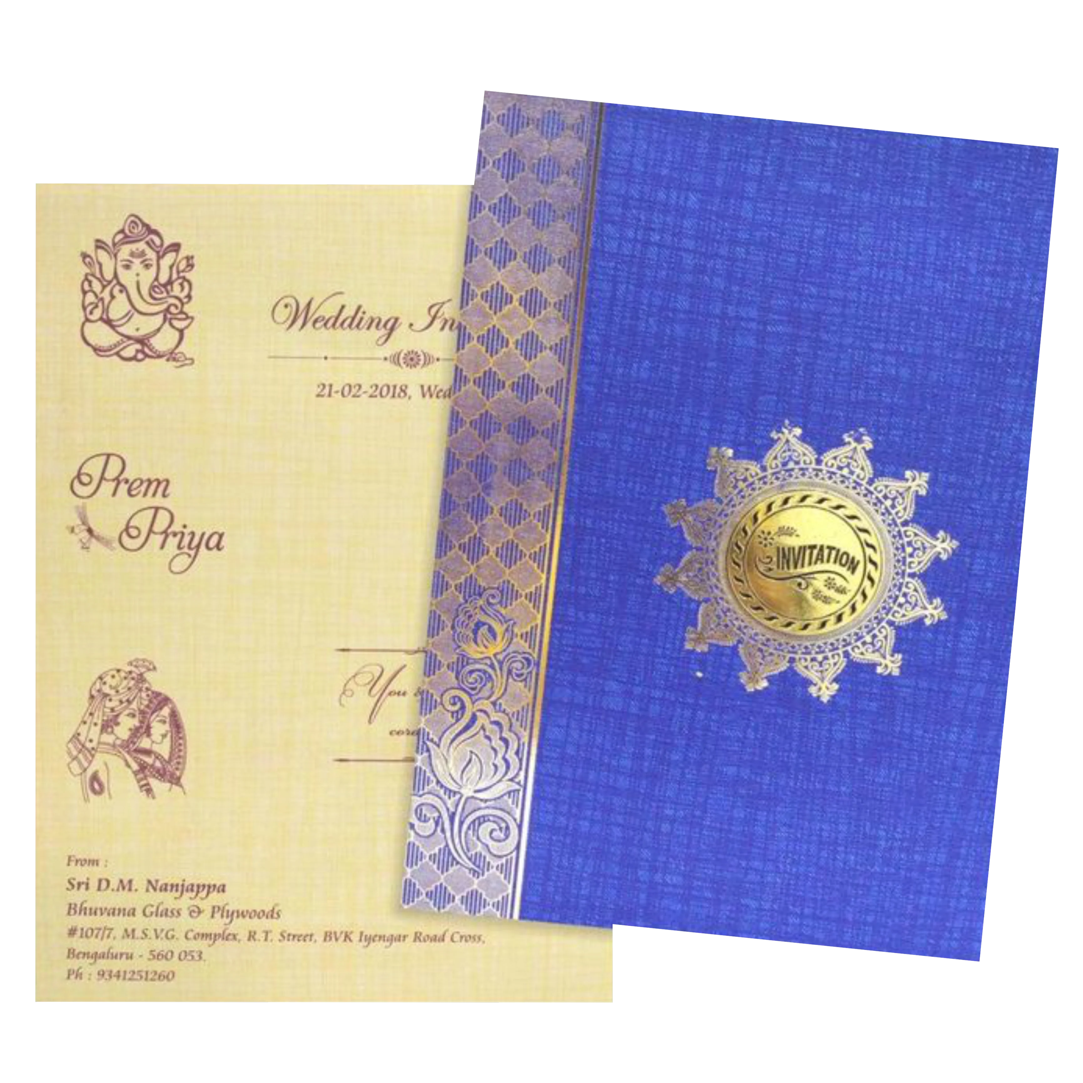 Blue Floral Border Gold Foil Invitation Card-Kncm803b - Image 2