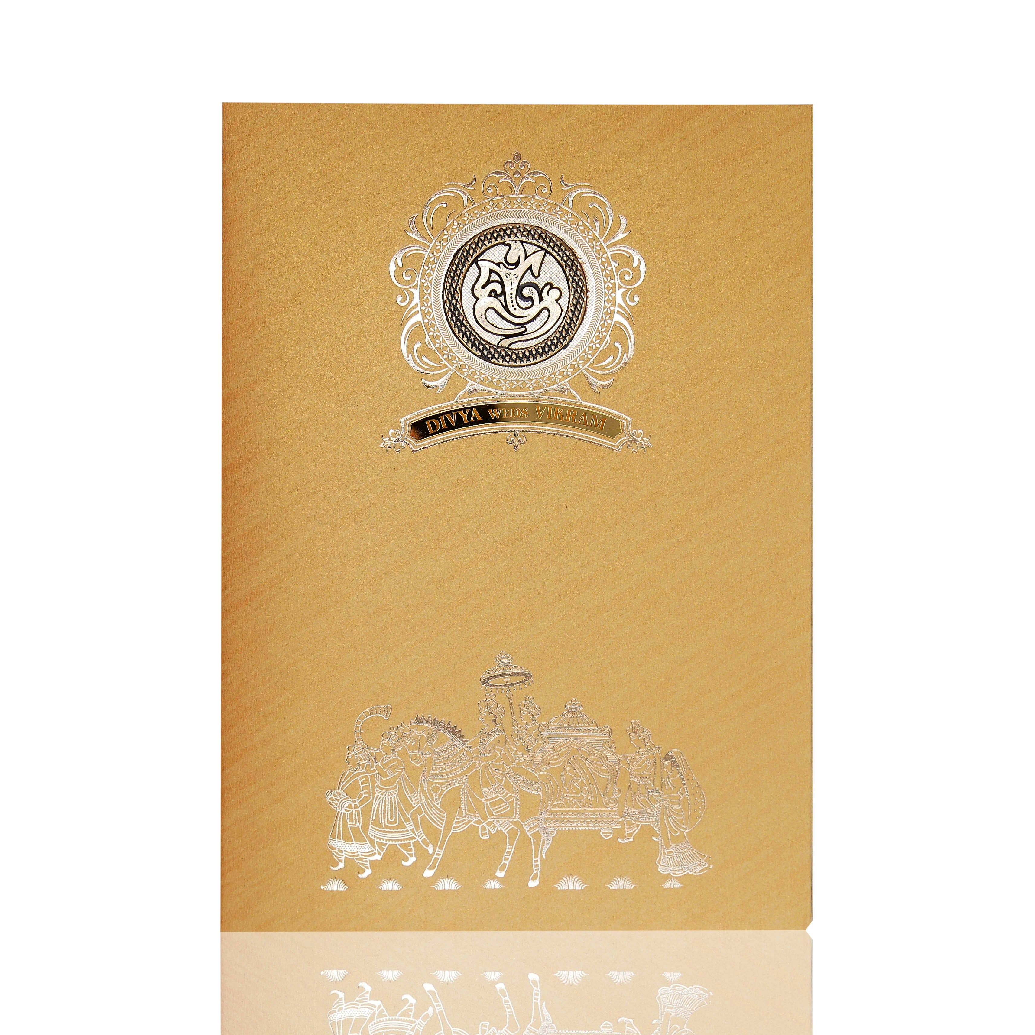 Brown Metallic Baraat Design In Silver Foiling Invitation Card-KNM2101G - Image 3
