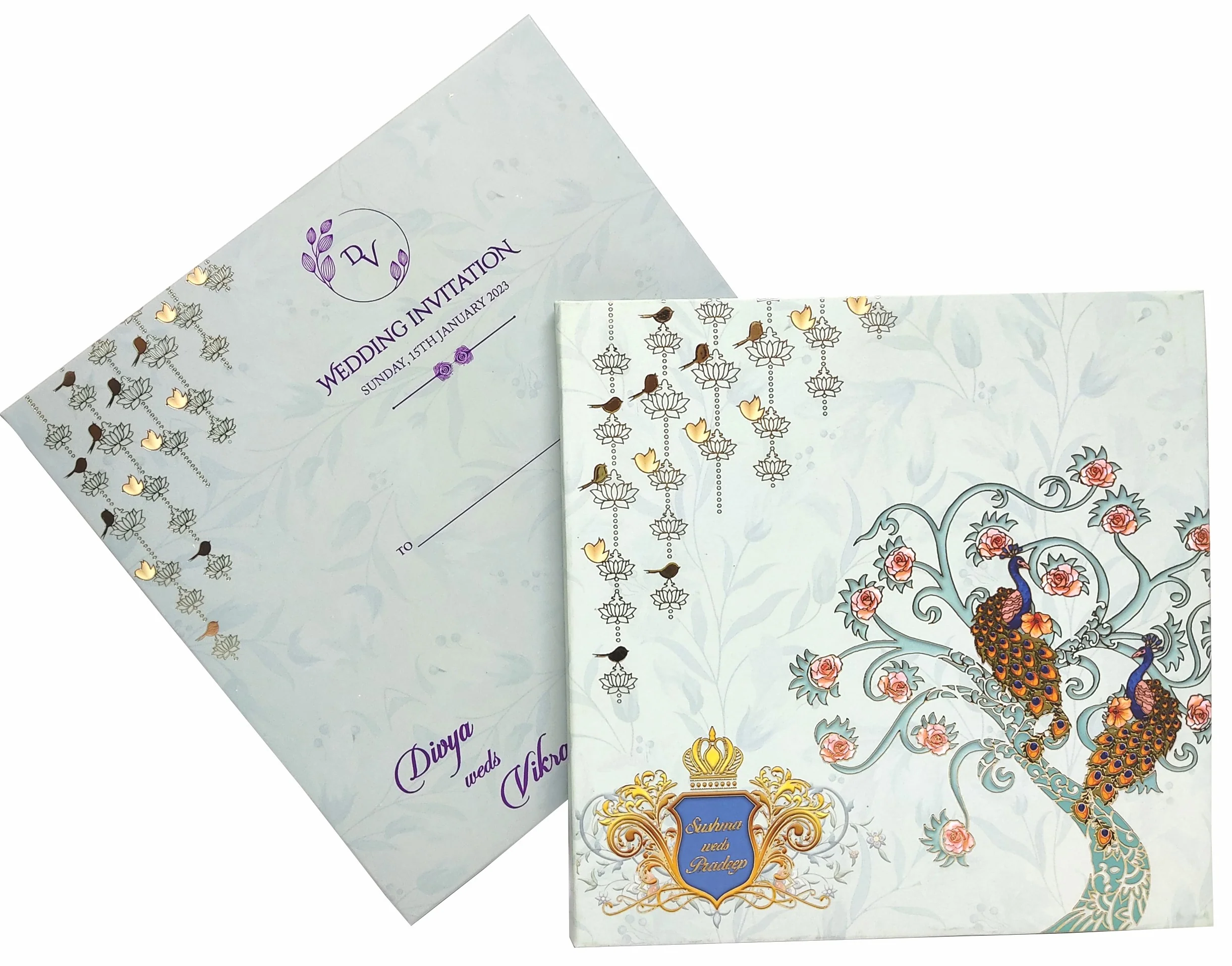 Light blue padded peacock scodix royal invitation card-KNPO02ZG - Image 2