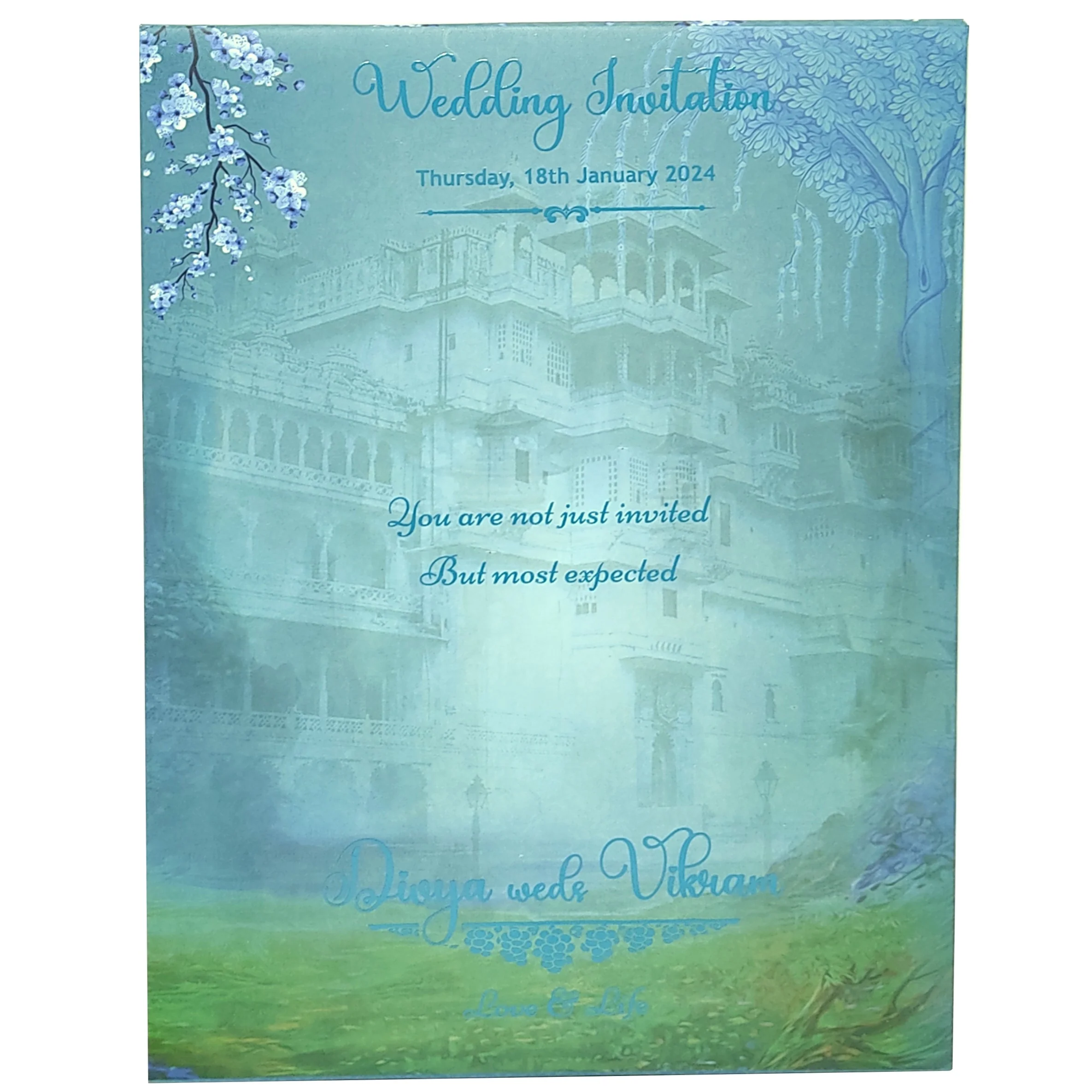 Blue Royal Padded Wedding Card With Palace Background-KNPO8511B - Image 3