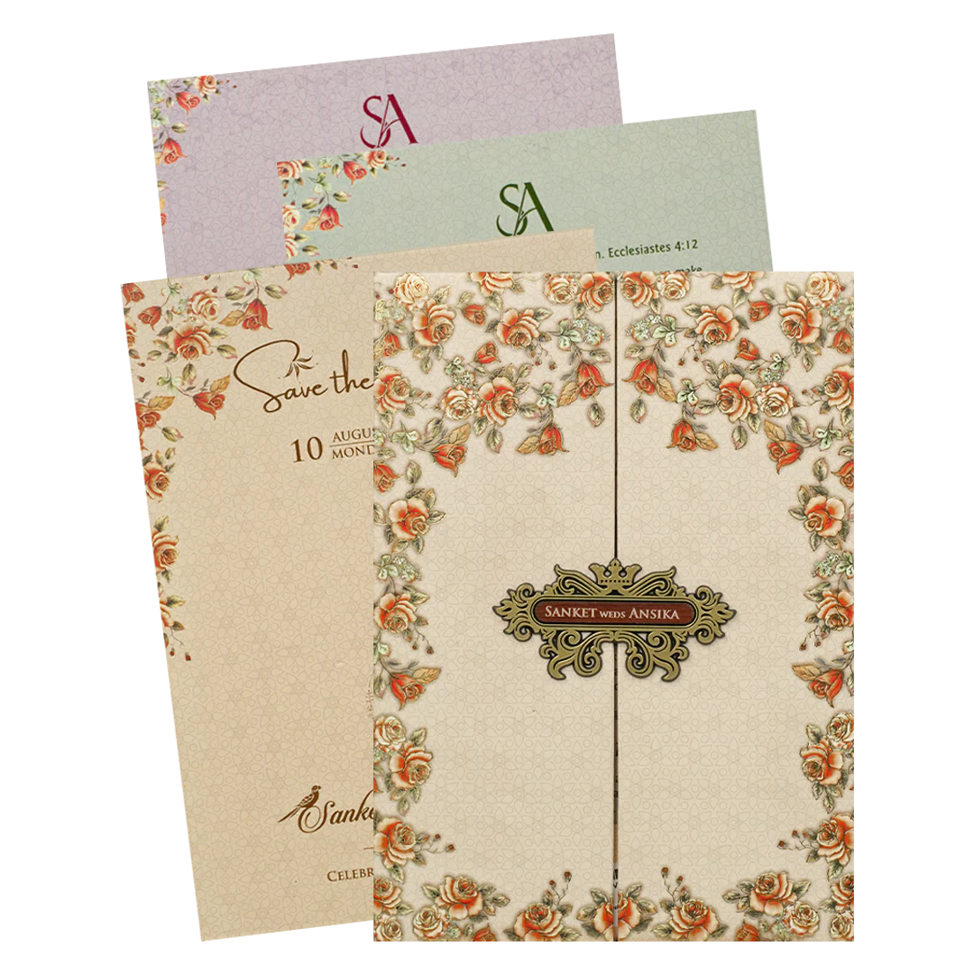 Ivory Floral Padded Wedding Card-KVN07230