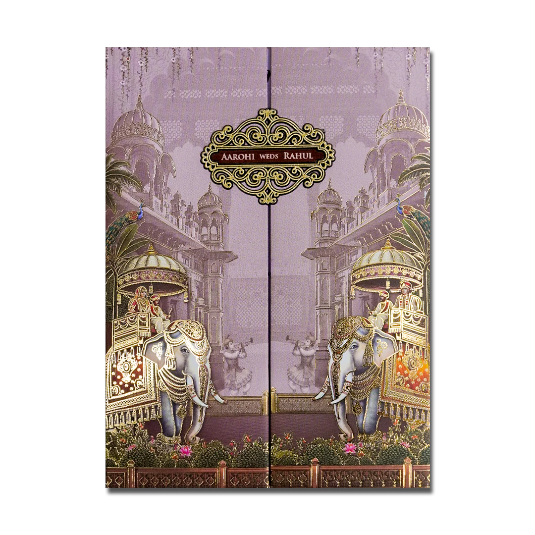 Lavender Palace Elephant Padded Wedding Card-KSH72560 - Image 3