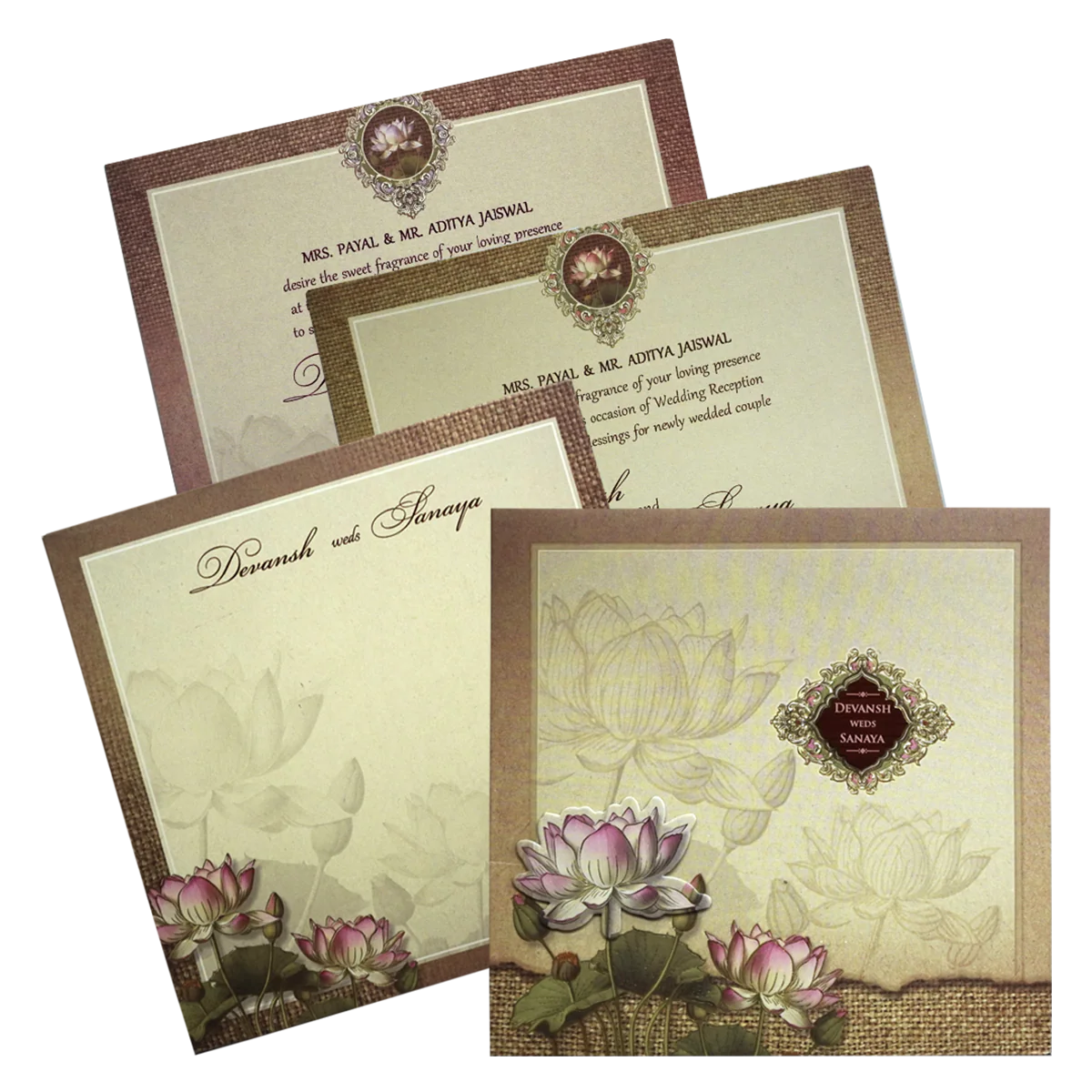 Light Brown Lotus Padded Wedding Card-KRC30220