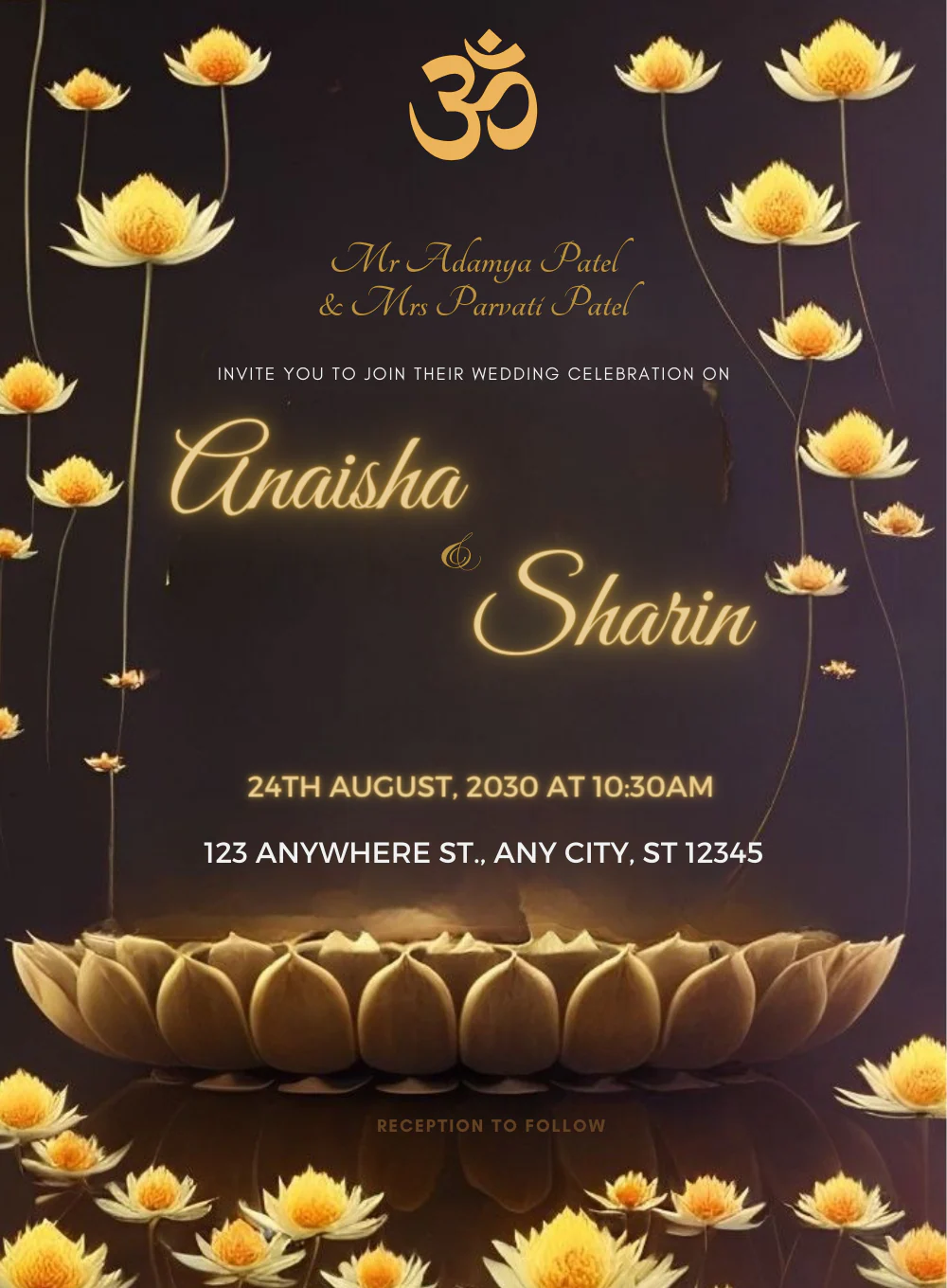Lotus Blossoms Traditional Wedding Invitation-AATWI015