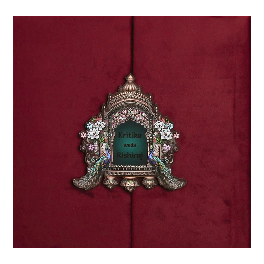 Maroon Peacock Padded Wedding Card-KSI64230 - Image 3