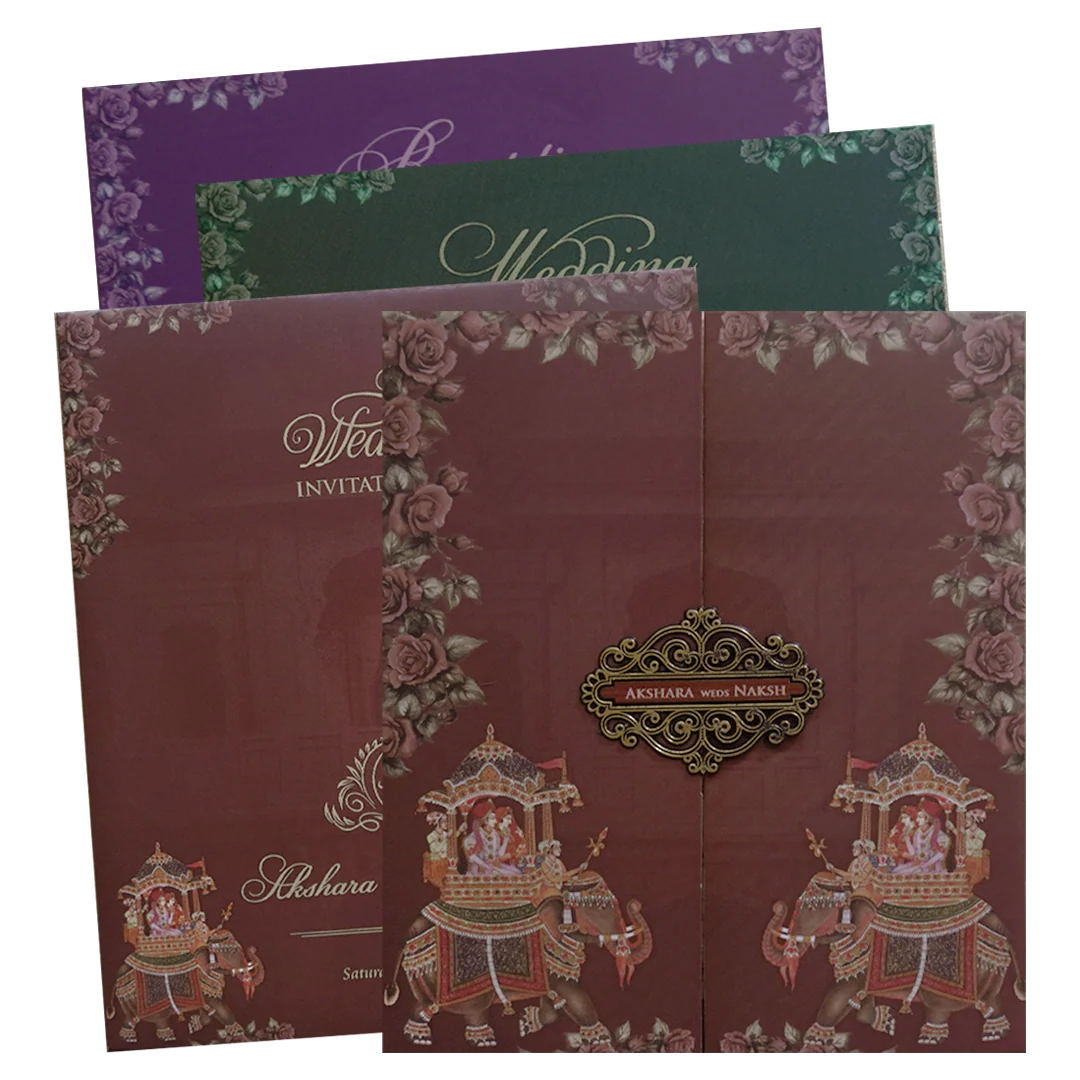 Maroon Royal Couple Elephant Wedding Invitation Card - KVN07570