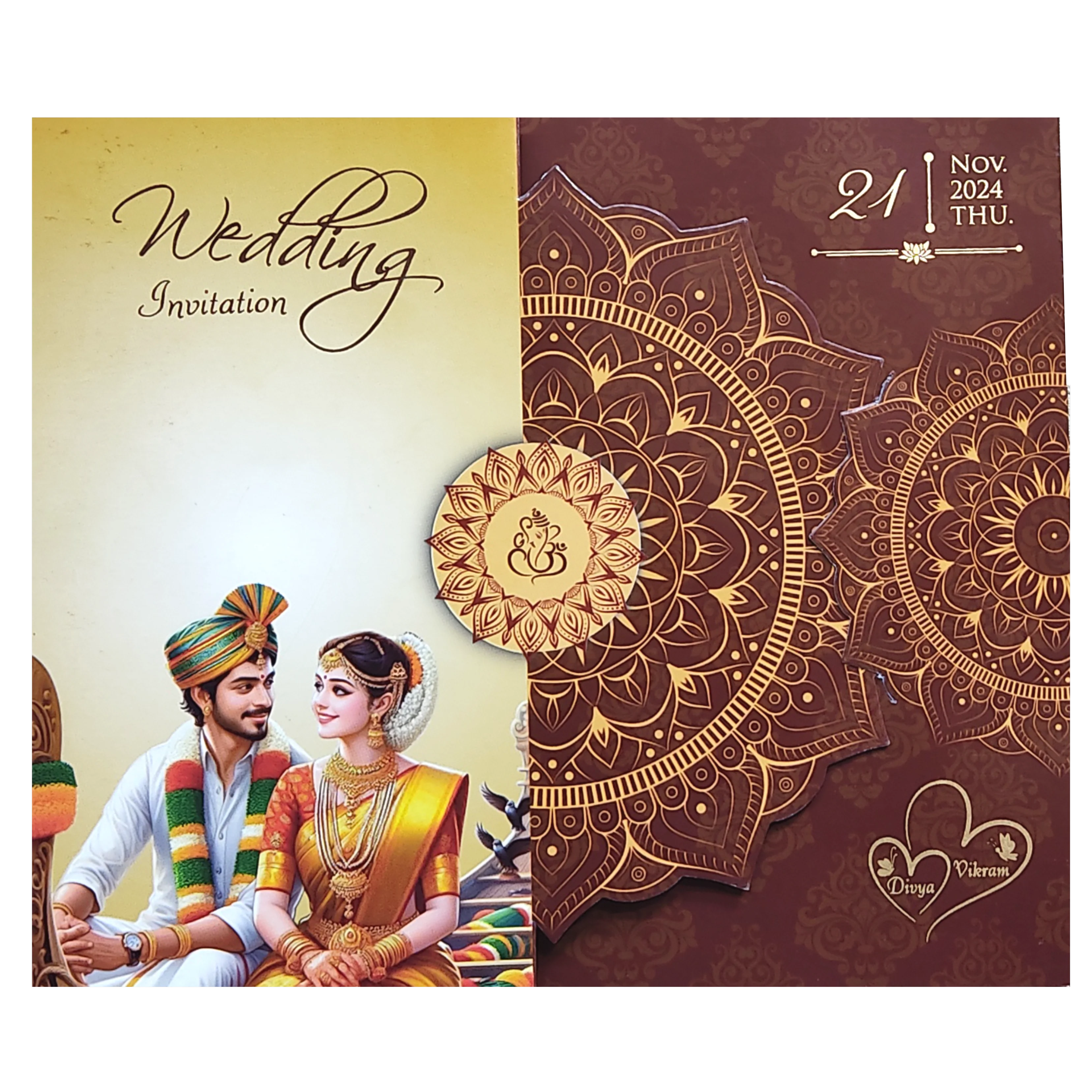 Maroon South Indian Threefold Wedding Card-KNTH9607M