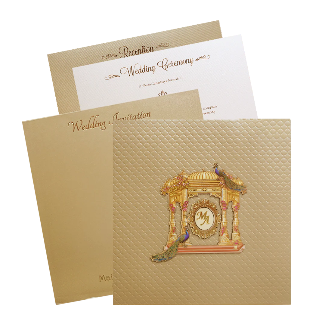 Metalic Gold Laser Cut Palace Padded Wedding Card-KMMWD1129