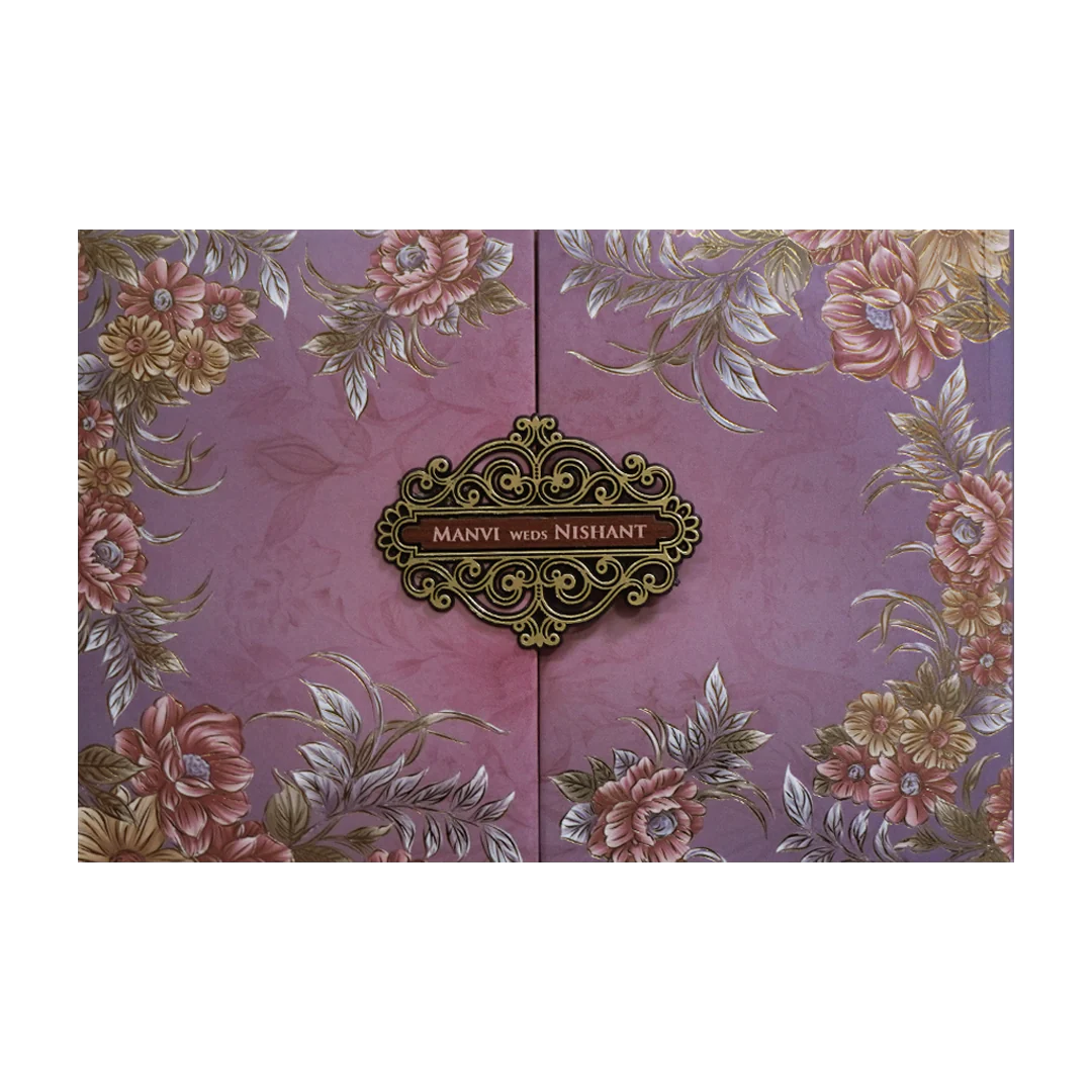 Metallic Purple Padded Floral Wedding Card - KVN07320 - Image 3