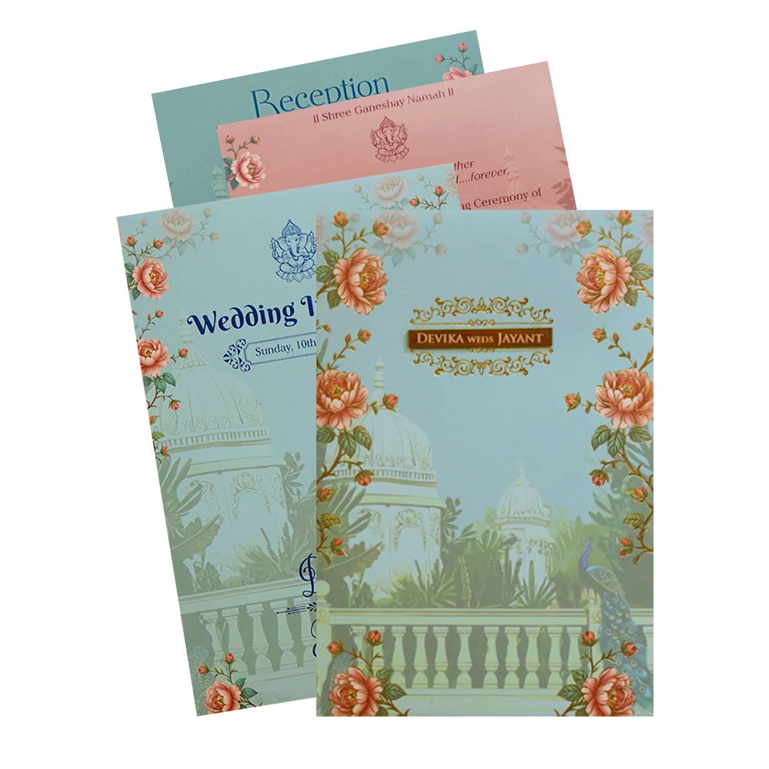 Mint Blue Padded Palace Peacock Wedding Card- KVN07380