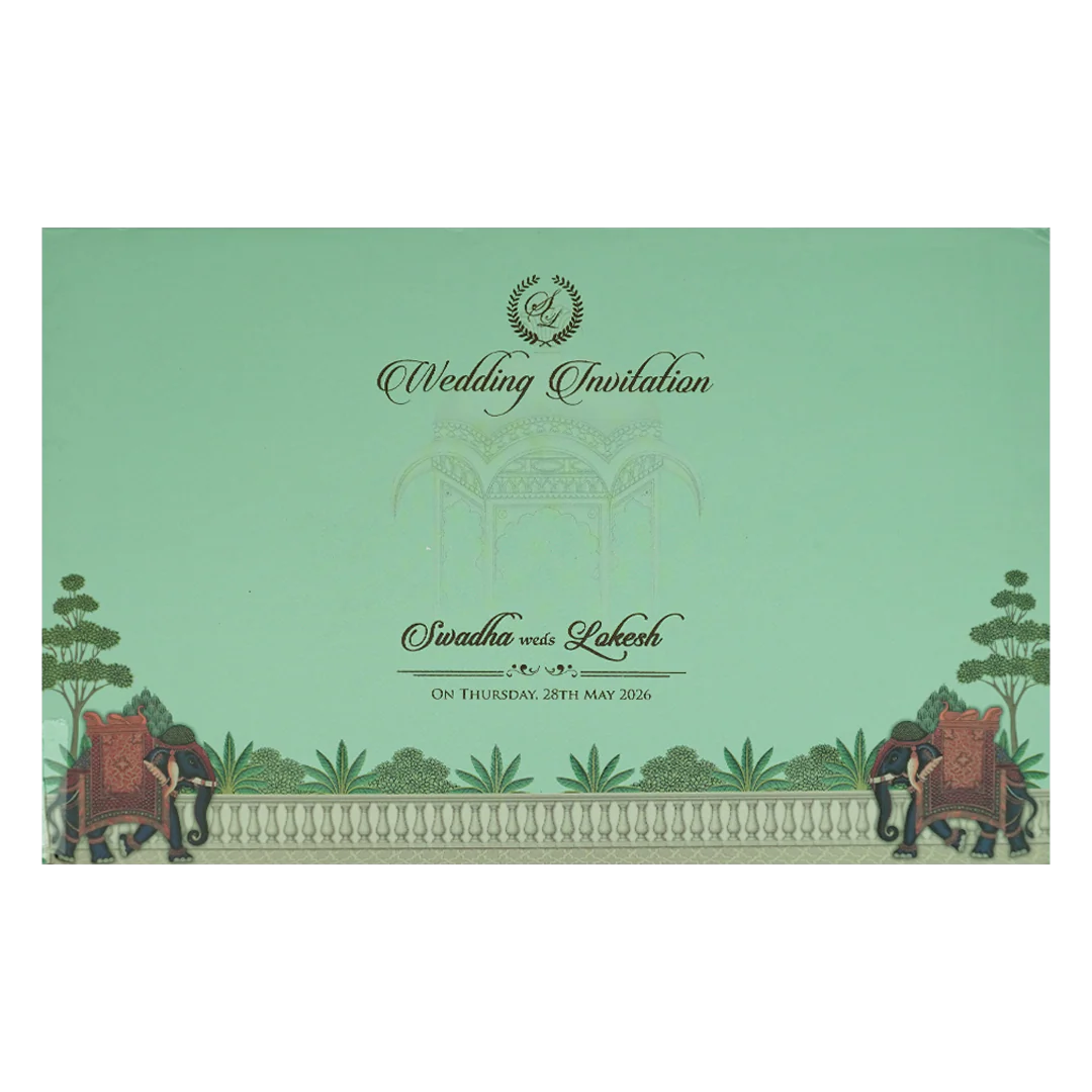 Mint Green Palace Elephant Padded Wedding Card-KRE27150 - Image 4