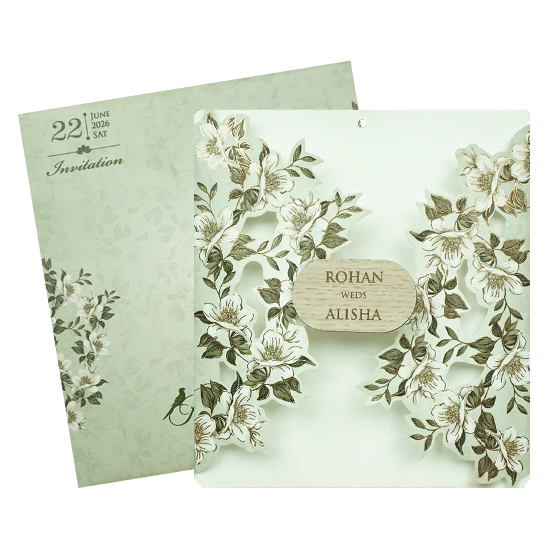 Mint Green White Floral Laser Cut Wedding Card-KFR16170 - Image 2