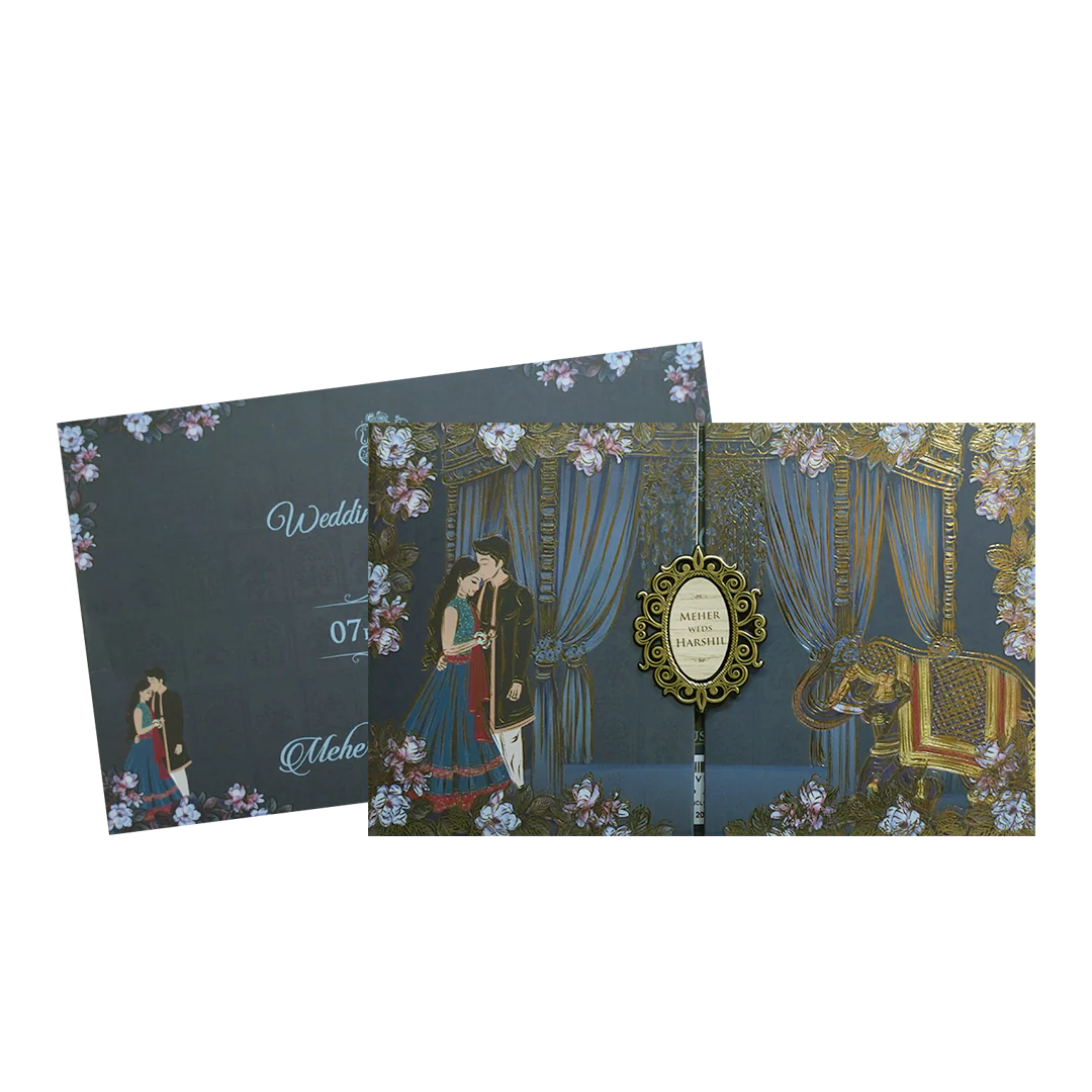 Navy Blue Padded Royal Curtain Wedding Invitation - KVN07440 - Image 2