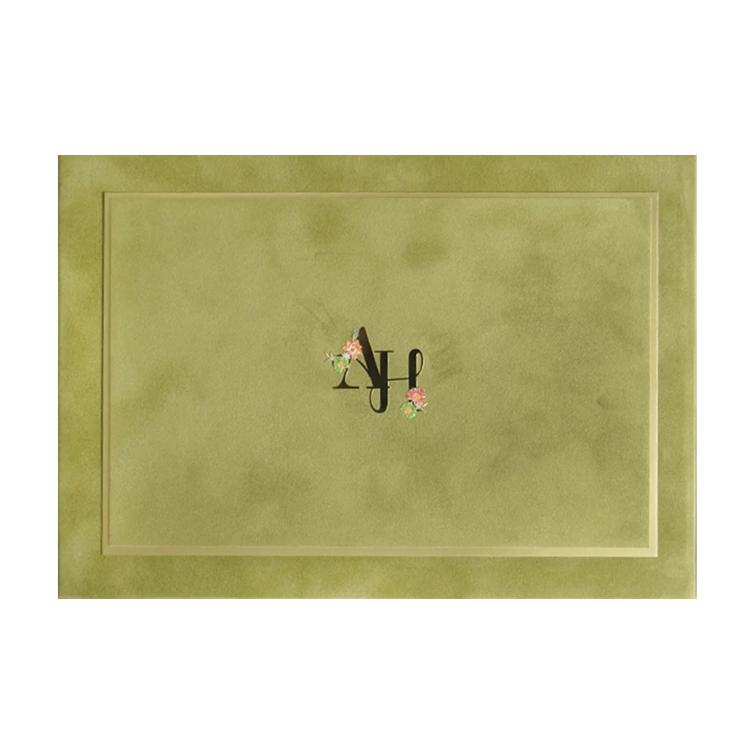 Olive Green Initials Padded Wedding Card-KMMWD1161 - Image 3
