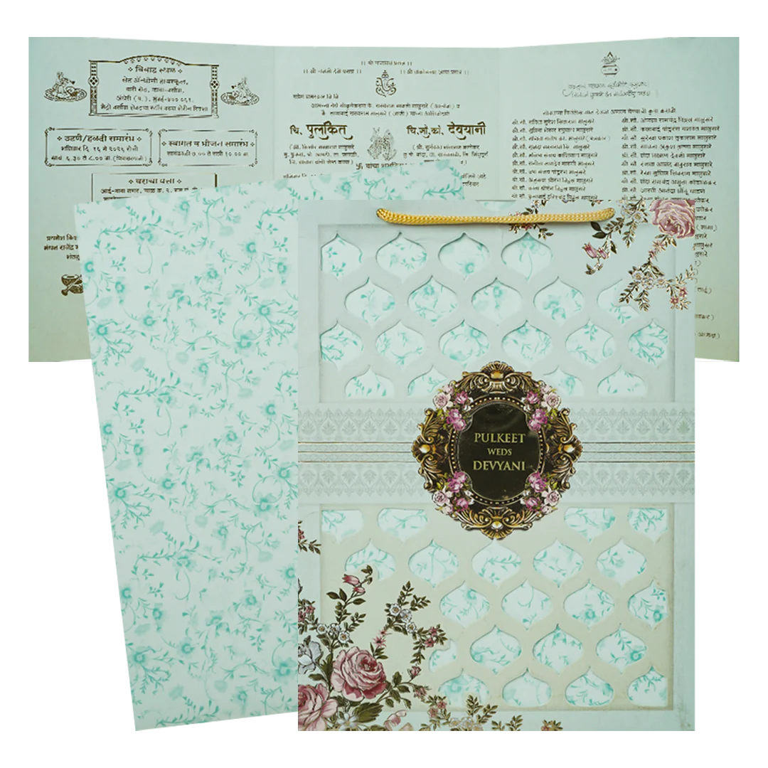 Pastel Blue Floral Jaali Bag Wedding Card-KJTS1838