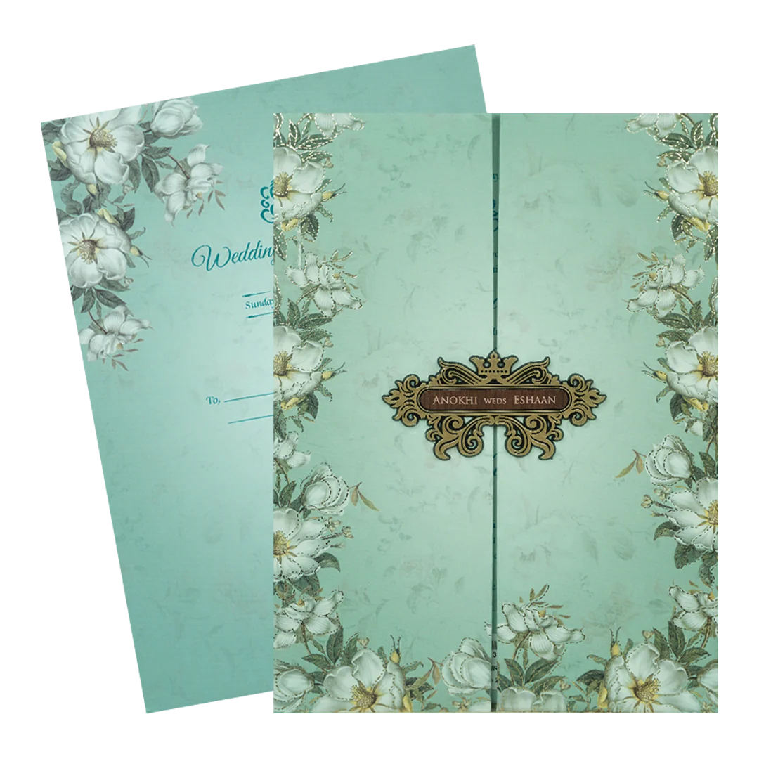 Pastel Blue Floral Wood Foil Padded Wedding Card-KJTS3659 - Image 2