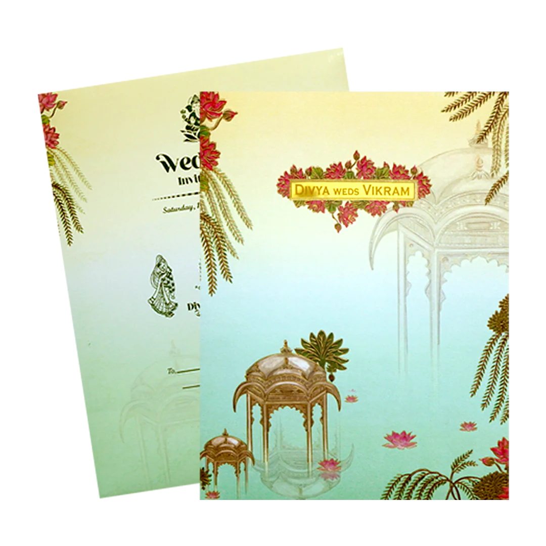 Pastel Green Lotus Pavilion Wedding Card-KNTY6808 - Image 2