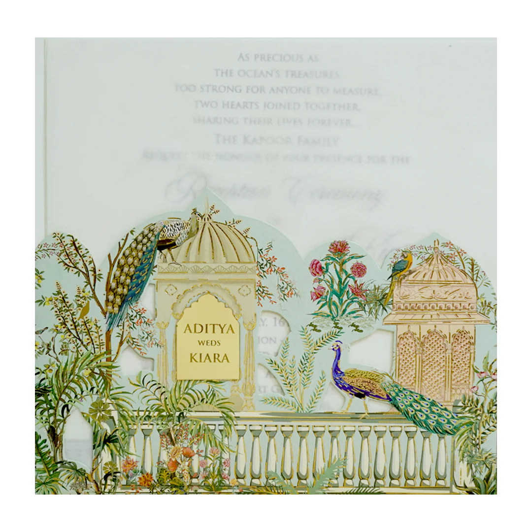 Pastel Green Peacock Dome Wedding Card-KFR15200 - Image 3
