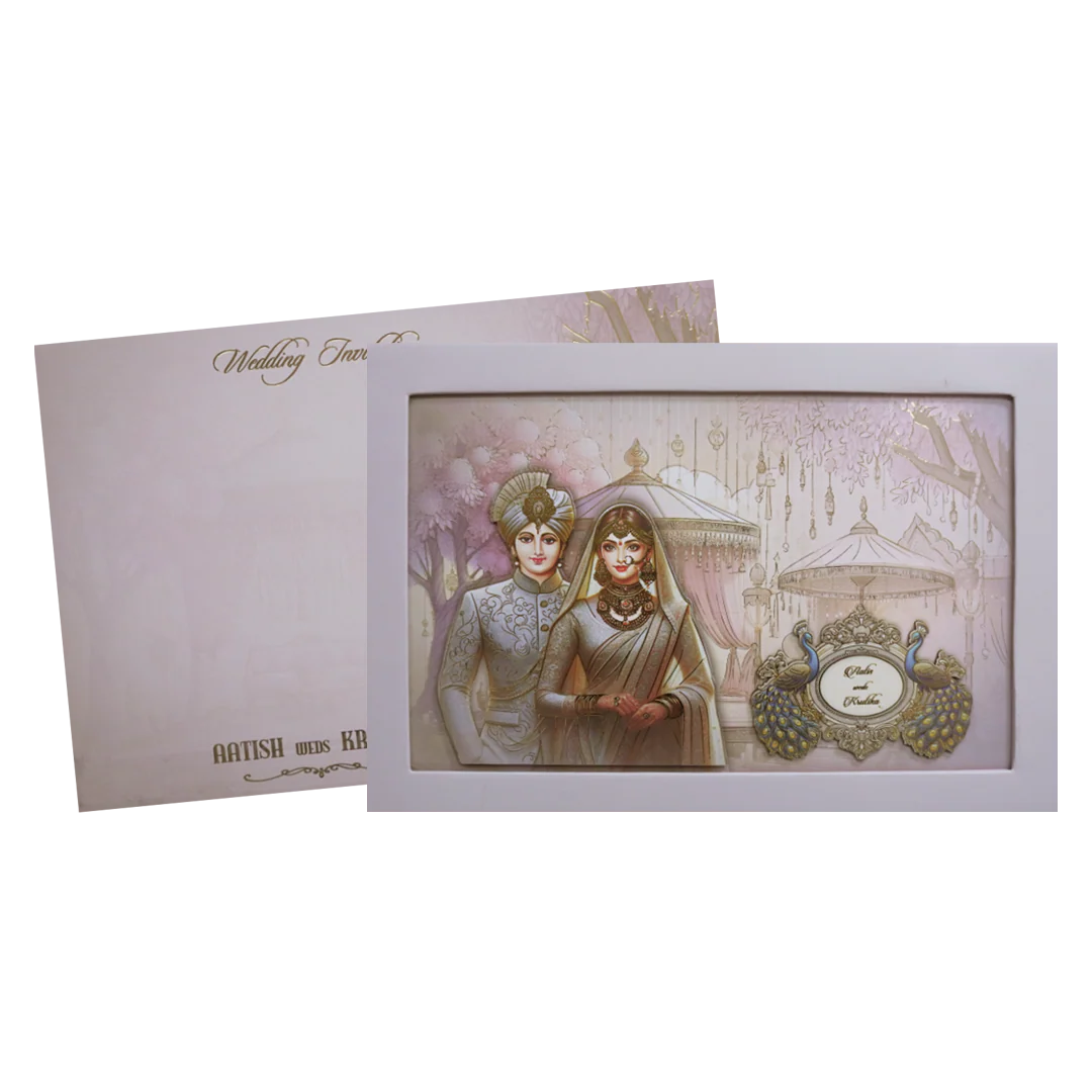 Pastel Lavender Modern Couple Peacock Laser Cut Padded Wedding Card -KMMEX8190 - Image 2