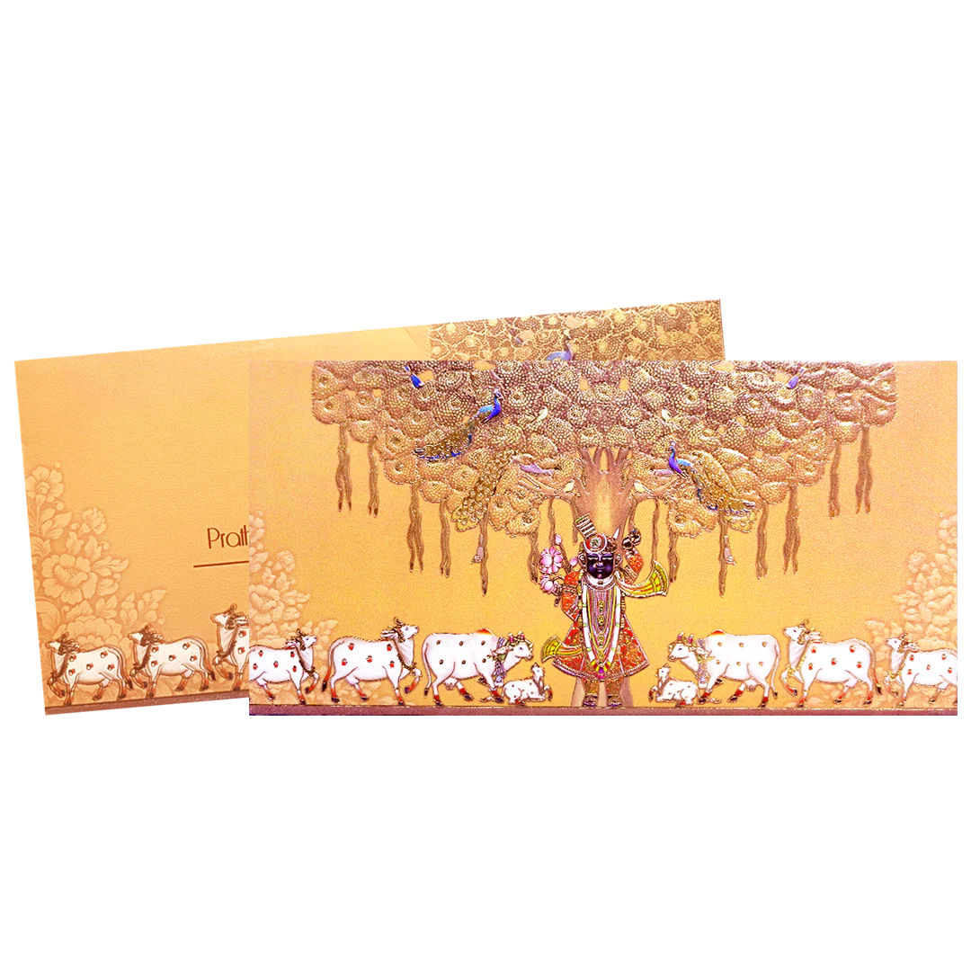Peach Gold Embossed Shrinathji Wedding Invitation Card-KPR06460 - Image 2