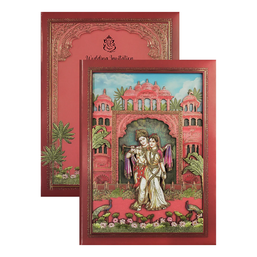 Peach Radha Krishna Palace Padded Wedding Card-KSI64020 - Image 2