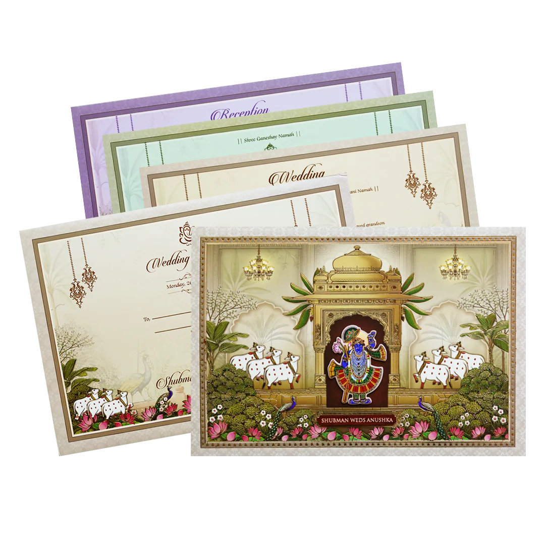 Pichwai Art Padded Embossed Wedding Invitation Card-KRB09610