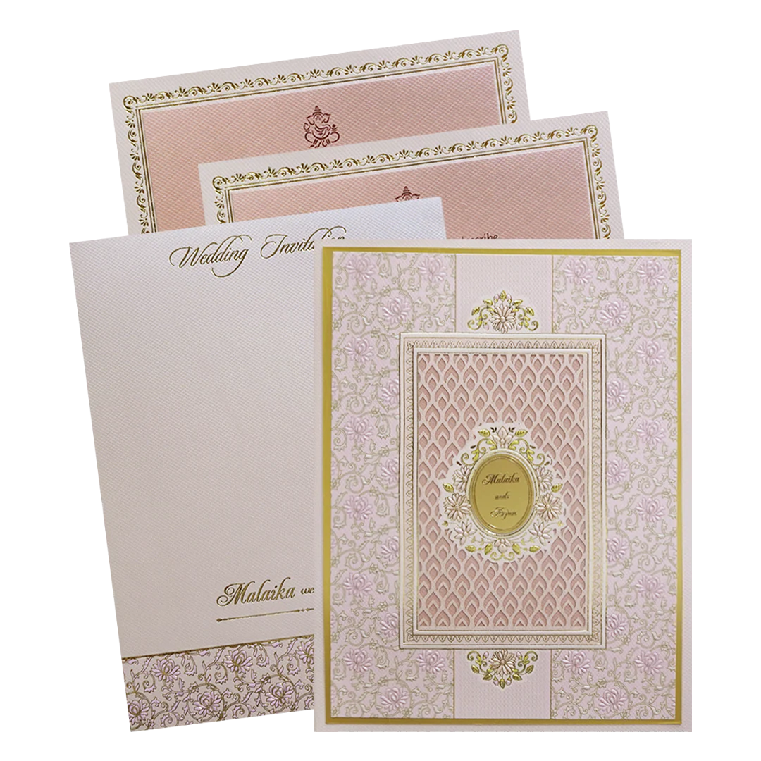 Pink Cream Floral Embossed Laser Cut Padded Wedding Card - KMMEX8280