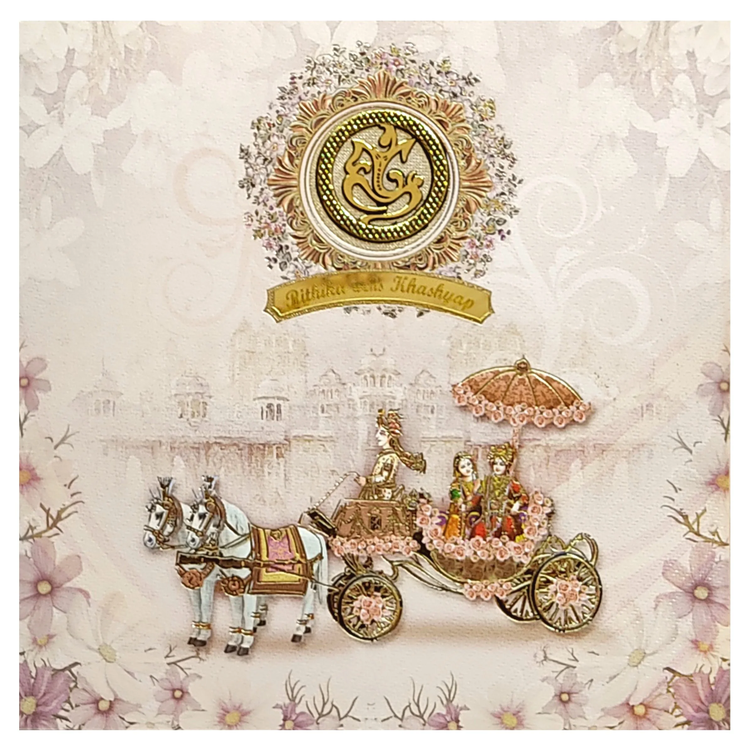 Pink Floral Chariot Nameplate Wedding Card-KNKD8101 - Image 3