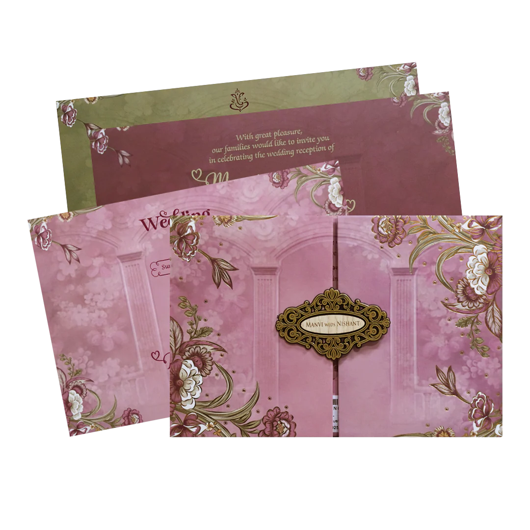 Pink Floral Doorp Padded Wedding Card - KVN07360