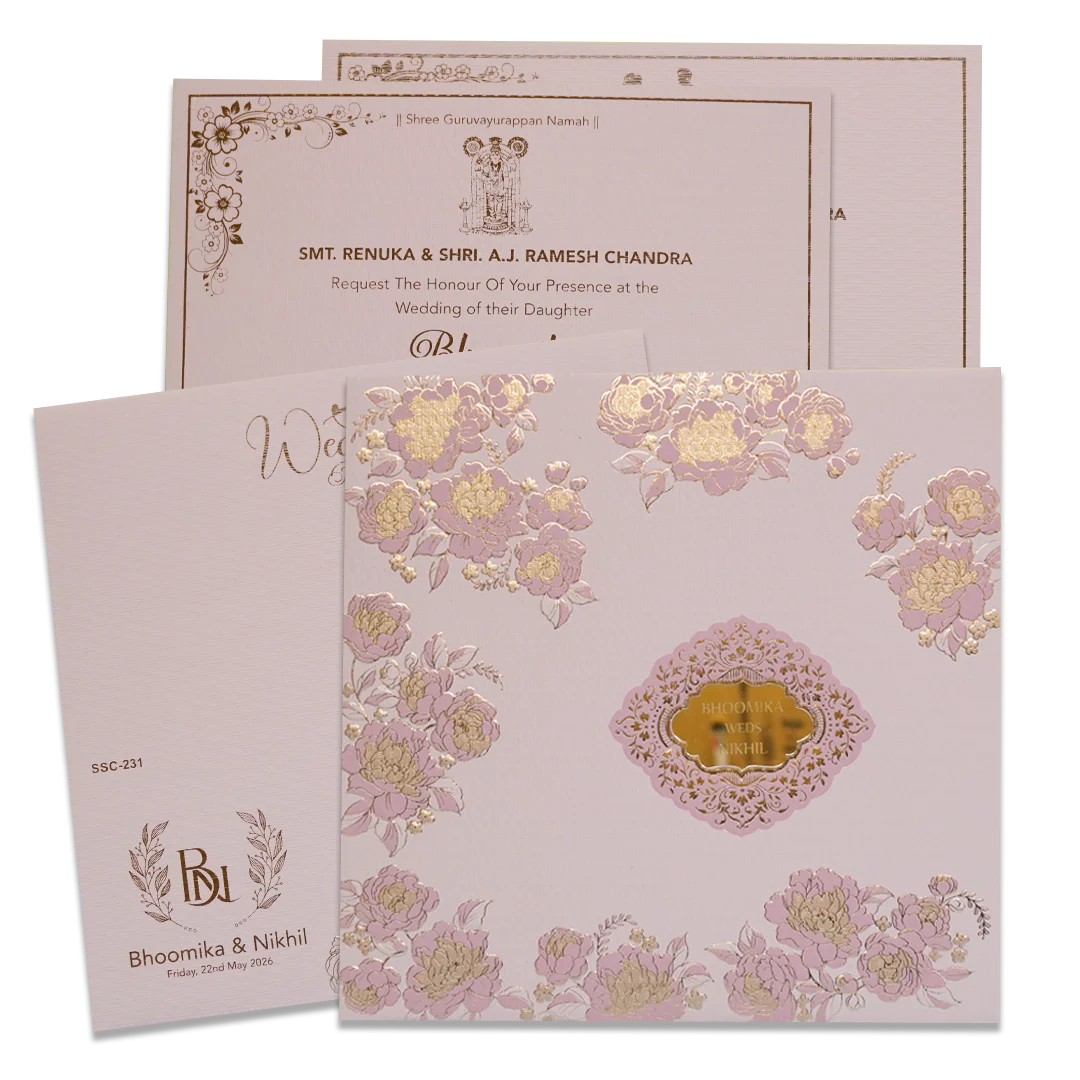 Pink Floral Gold Padded Wedding Card - KSSC2310