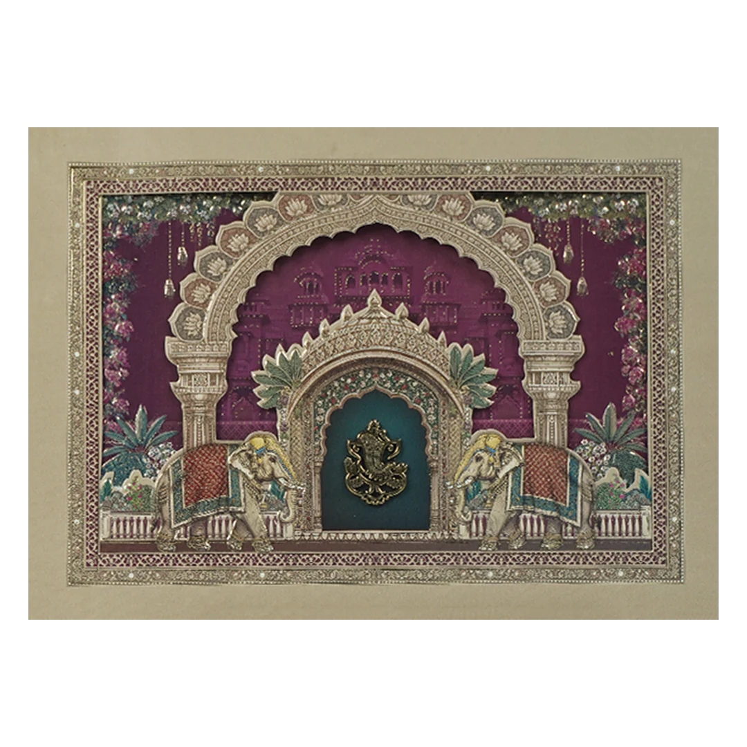 Pink Ganesha Elephant Temple Wedding Card-KSI64930 - Image 3