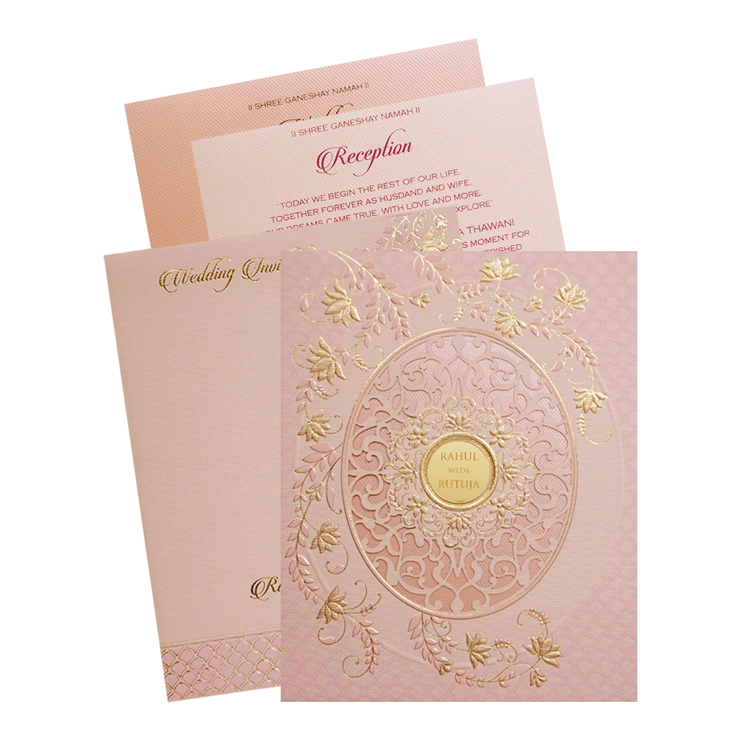 Pink Gold Lasercut Floral Padded Wedding Card -KMMWD1119