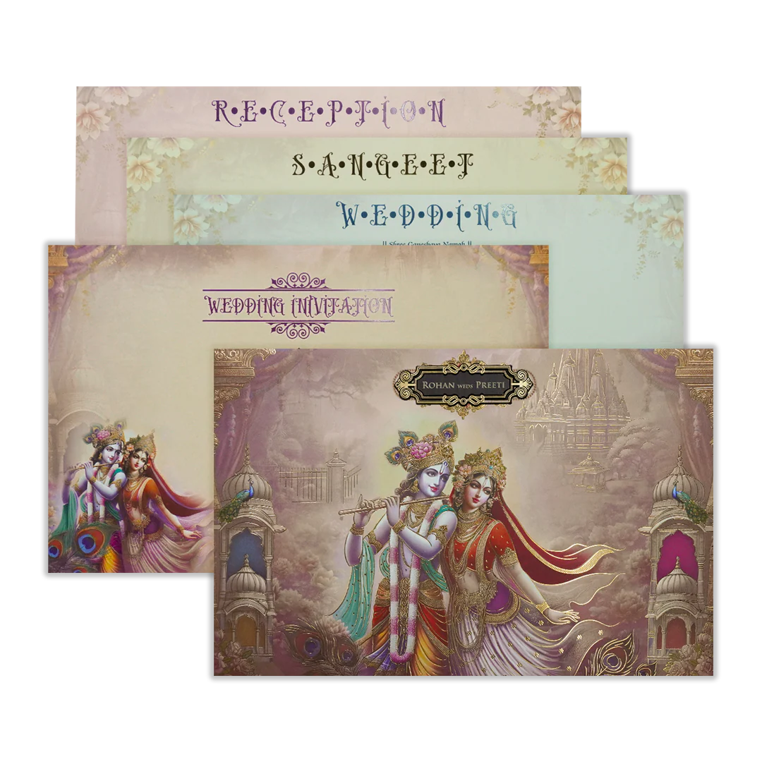 Pink Krishna Radha Padded Wedding Card-KSH72120
