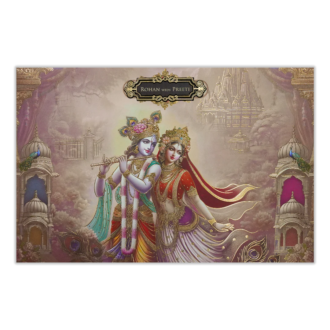Pink Krishna Radha Padded Wedding Card-KSH72120 - Image 3
