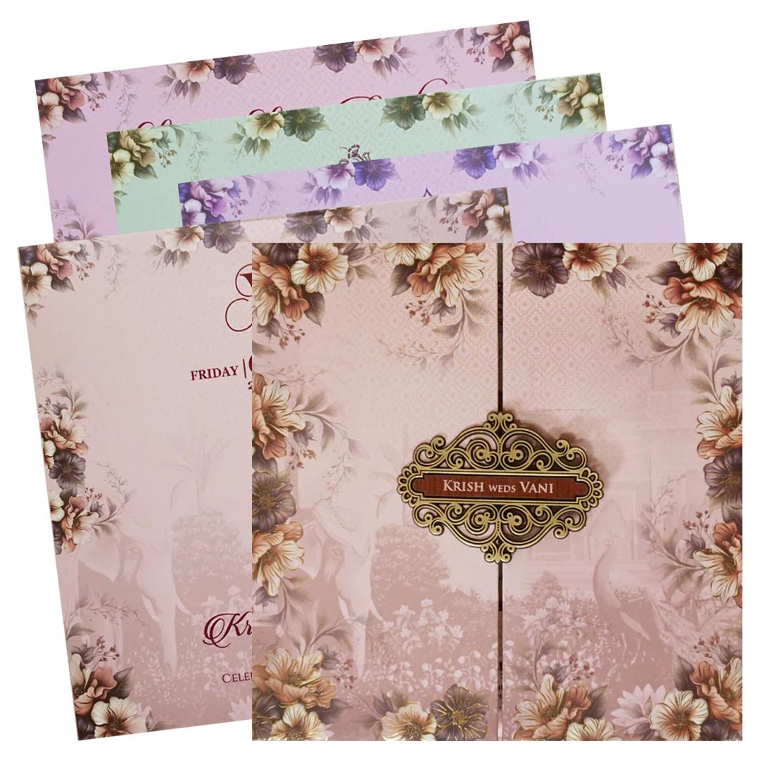 Pink Padded Floral Door Wedding Card - KVN07650