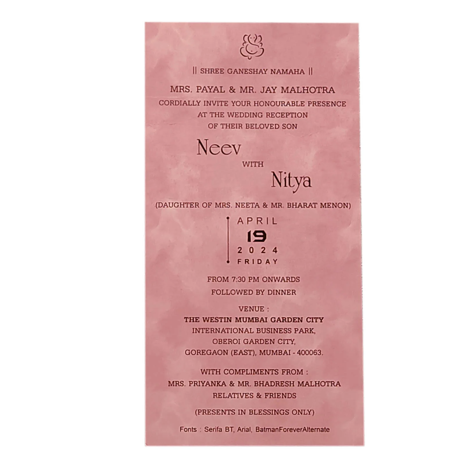 Pink Single Sheet Wedding Card-KRCS6431 - Image 2