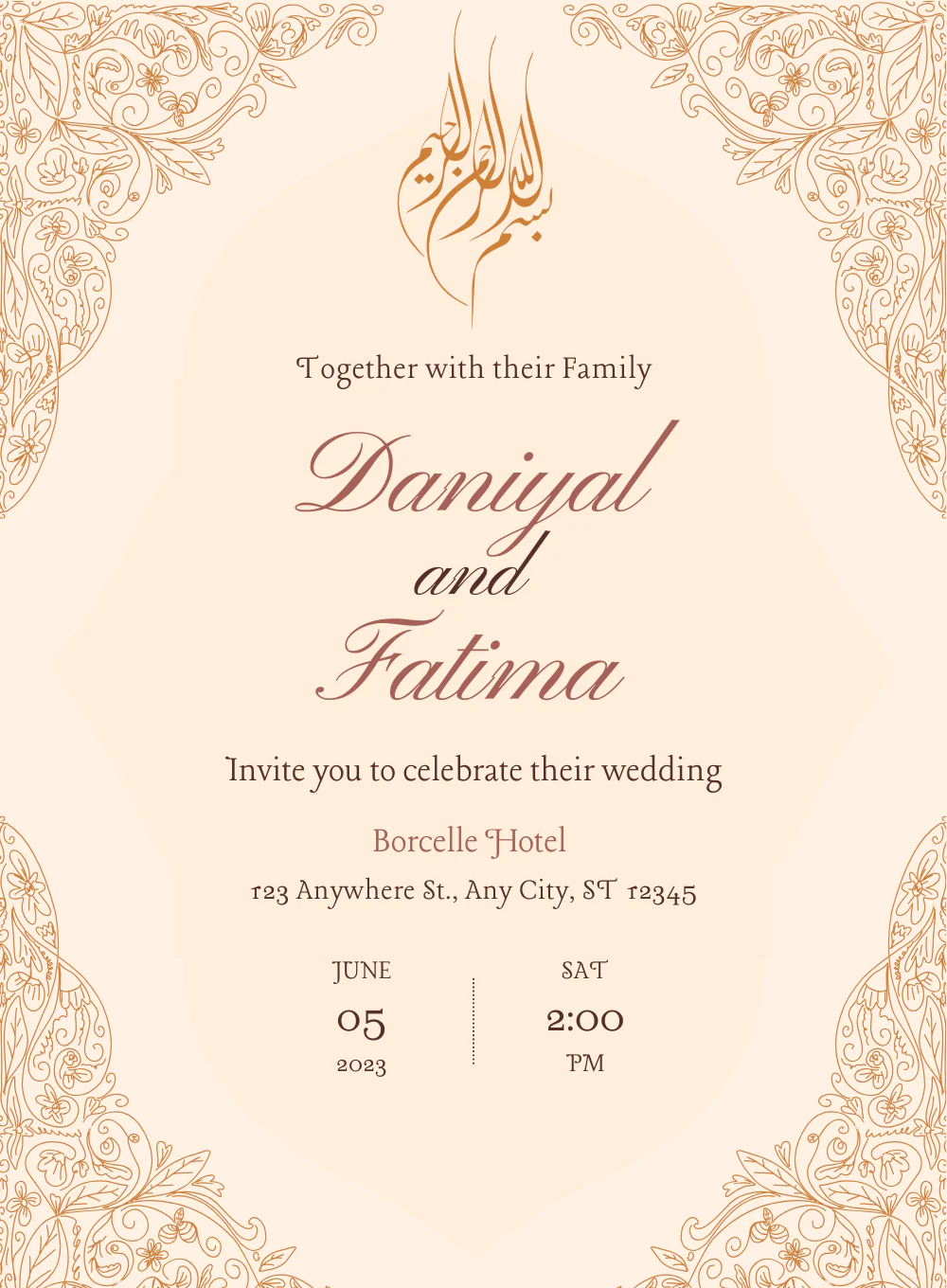 Pink Simple Floral Muslim Wedding Invitation-AAMWI001