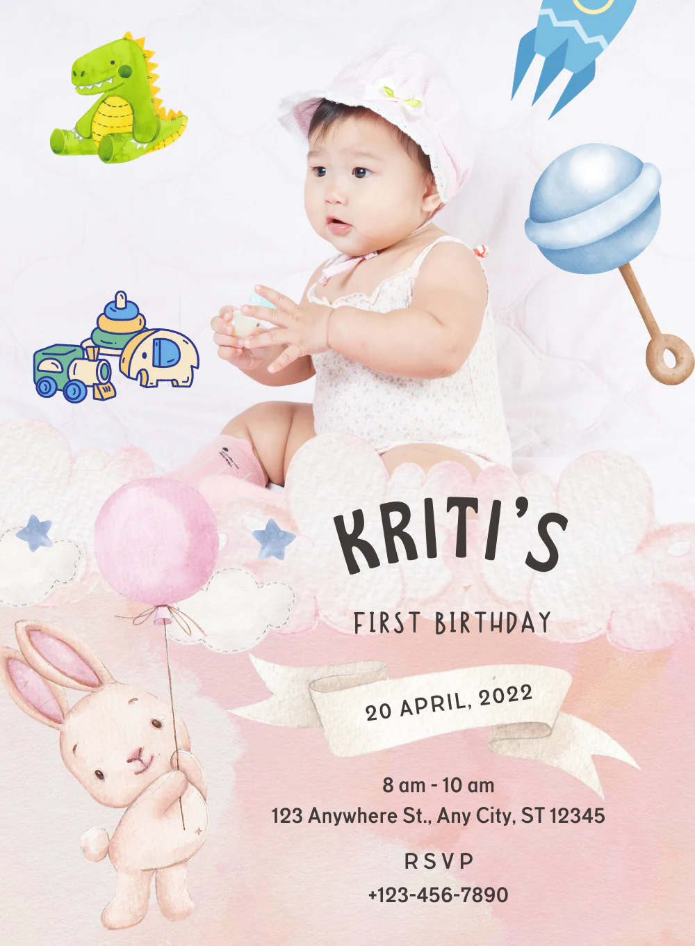 Pink Watercolour Kids Birthday Invitation-AAKBI021