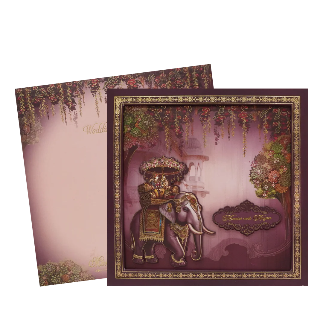 Purple Gold Elephant Palace Padded Wedding Card - KMMEX8030 - Image 2