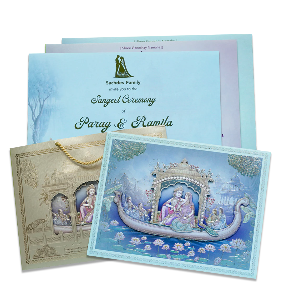 Radha Krishna Boat Theme Padded Wedding Card - KSSC2530