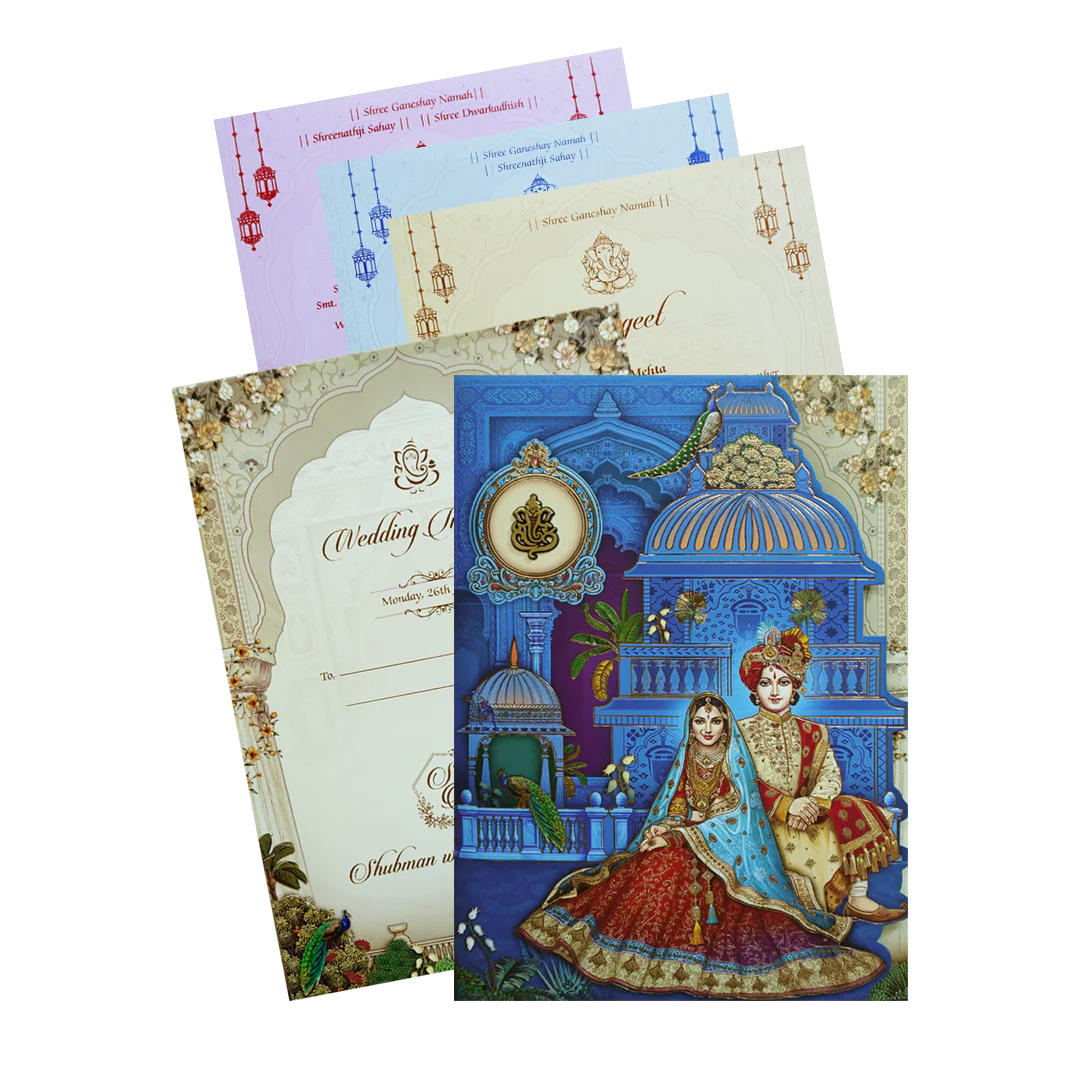 Royal Blue Gold Foil 3 Fold Bride and Groom Wedding Invitation Card-KRB09010