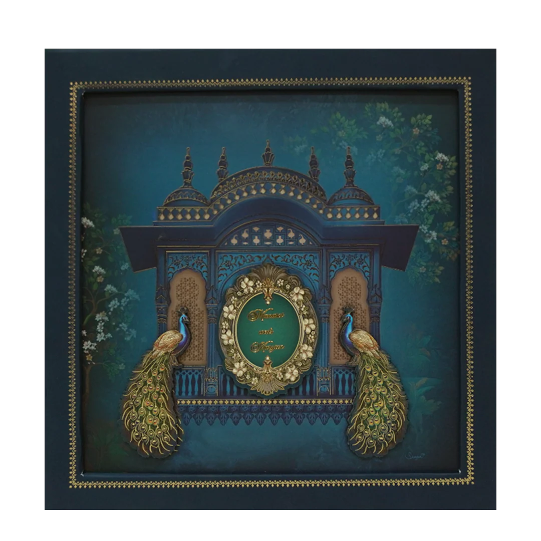 Royal Blue Gold Palace Peacock Padded Wedding Card - KMMEX8020 - Image 3