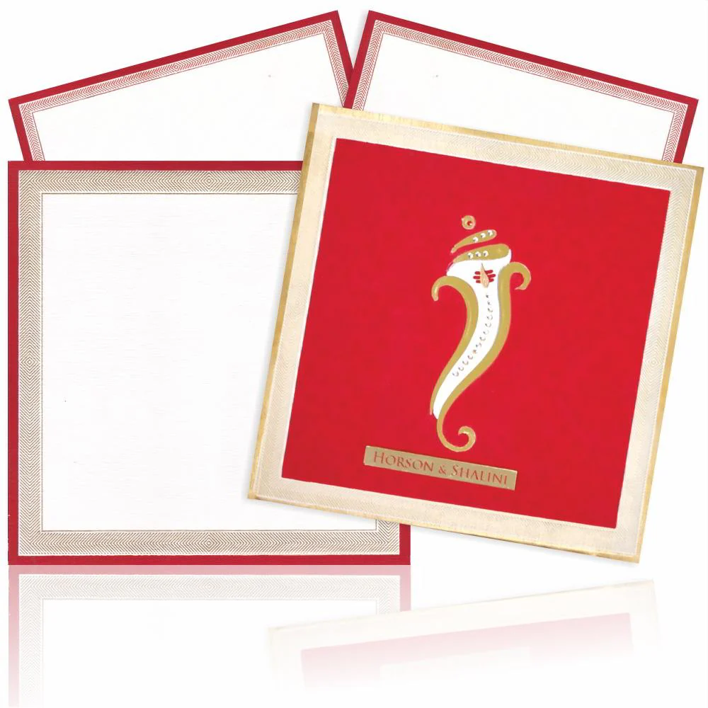 Royal Red Shading With Cut Ganesha Padded Wedding Card - KNKZ0676