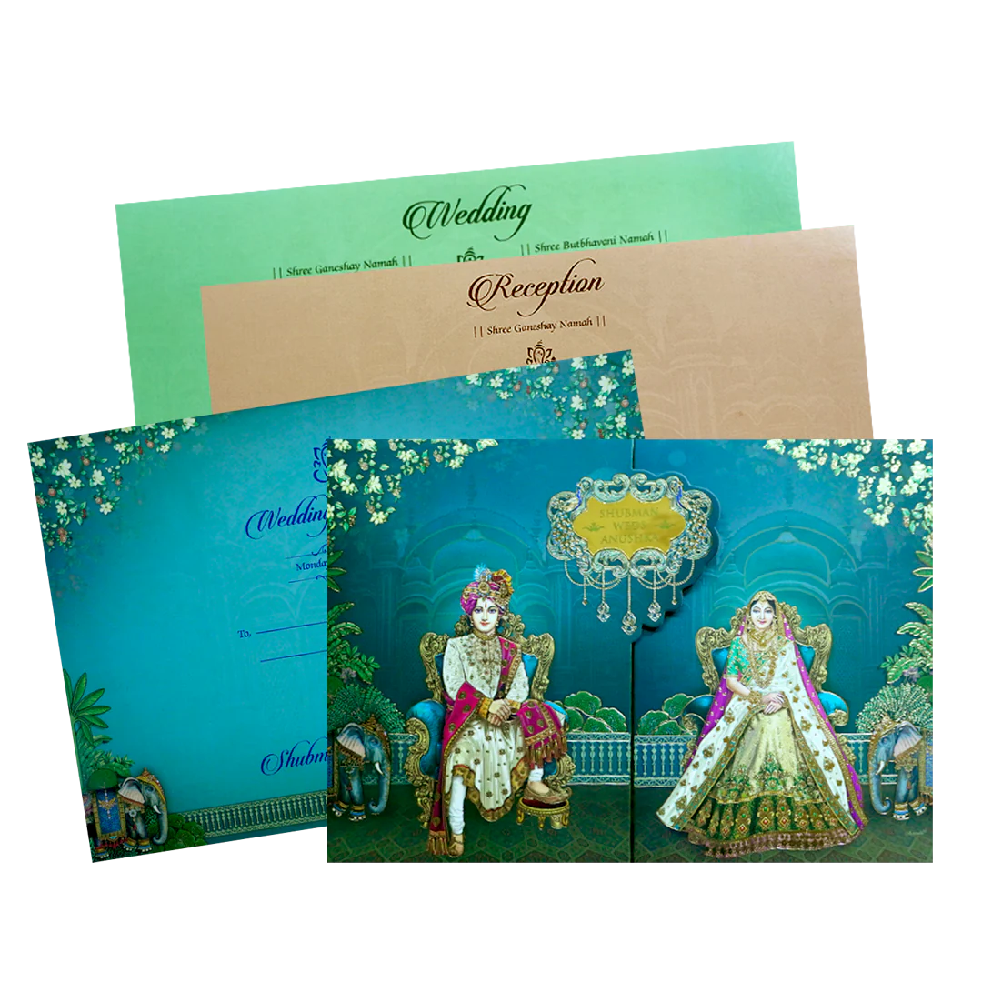 Royal Teal Bride and Groom Gold Foil Wedding Invitation Card-KRB09070