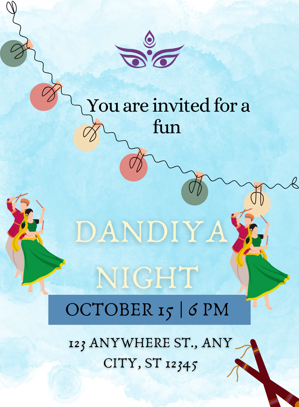 Sky Blue Flute Dandiya Invitations-AADDI012