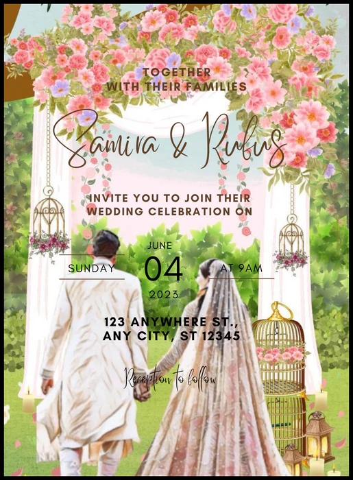 Walking Floral Arch Caricature Wedding Invitation-AACAR008 - Image 2