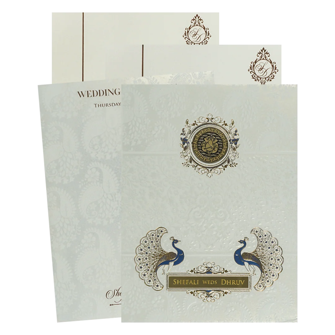 White Floral Ganesha Padded Wedding Card-KRE28170